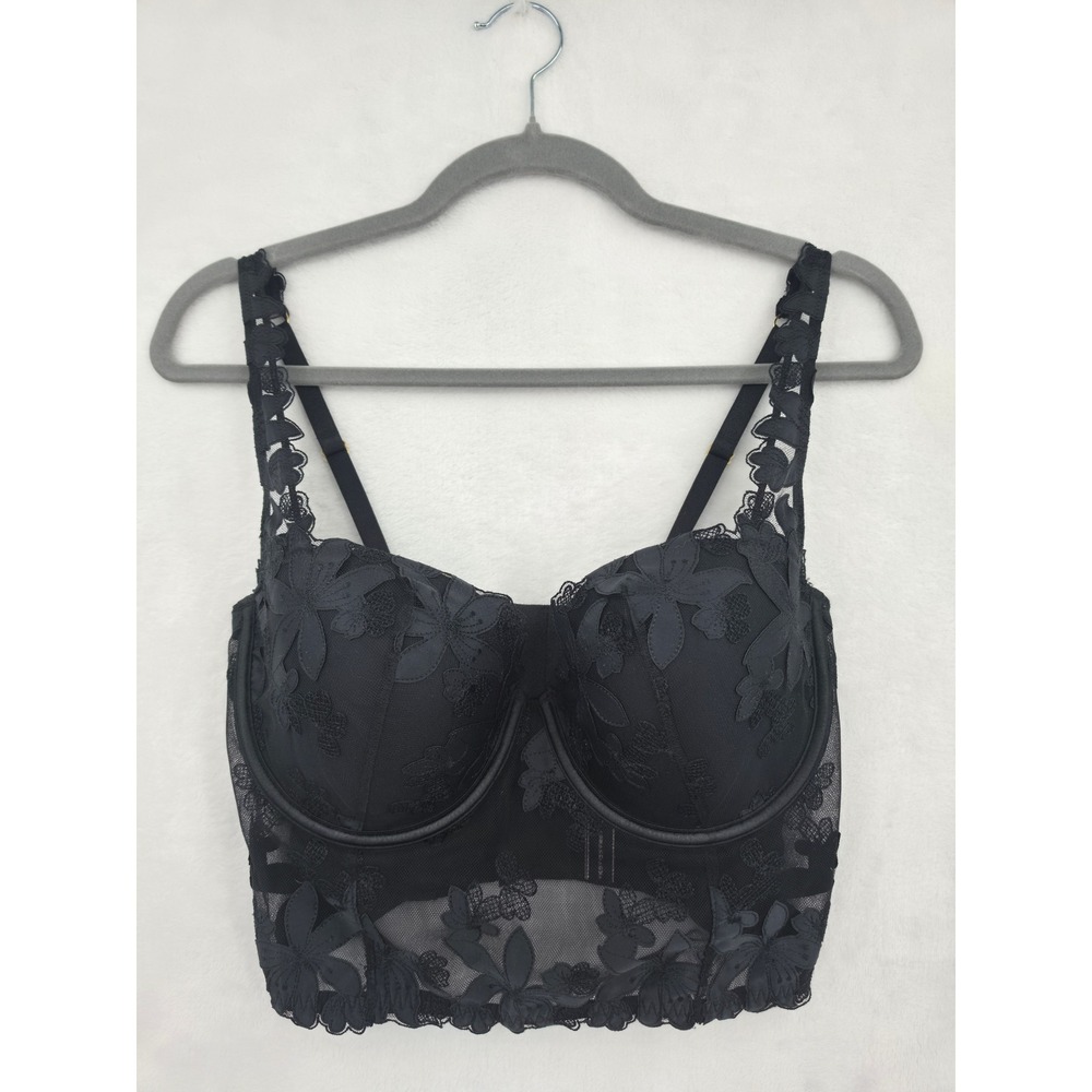 Victoria's Secret Very Sexy Black Floral Lace Longline Balconet Bra 34DD Floral